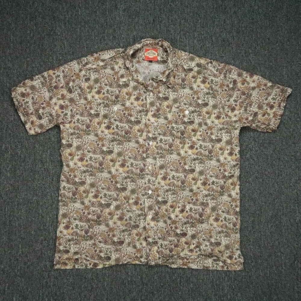 San Cristobal Shirt Mens Extra Large Brown Guayabera Desert‎ Cactus Short Sleeve